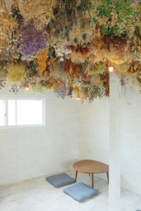 天井にドライフラワーいっぱいの店内