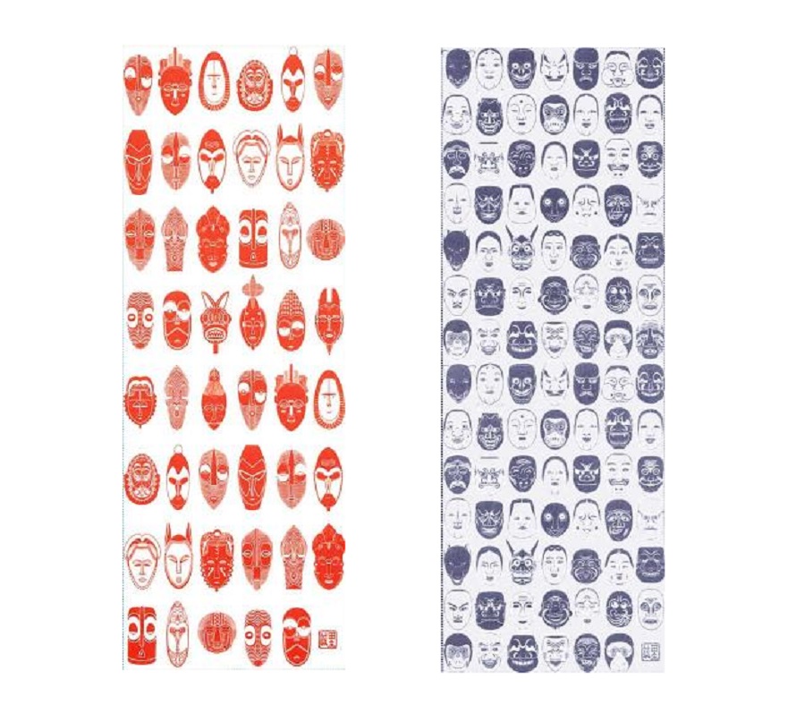 資料の仮面と壬生狂言の仮面をデザインした手ぬぐい