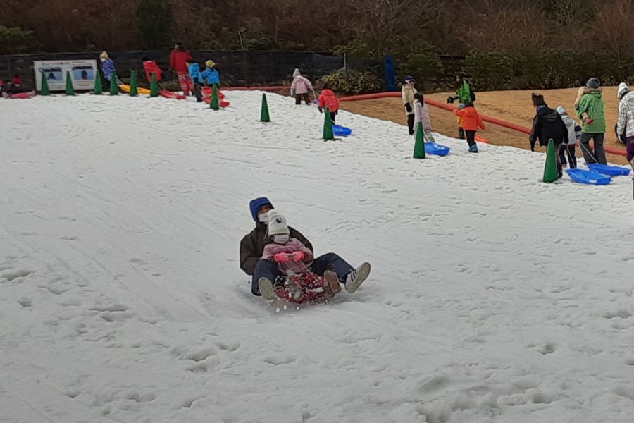 ソリに乗る親子