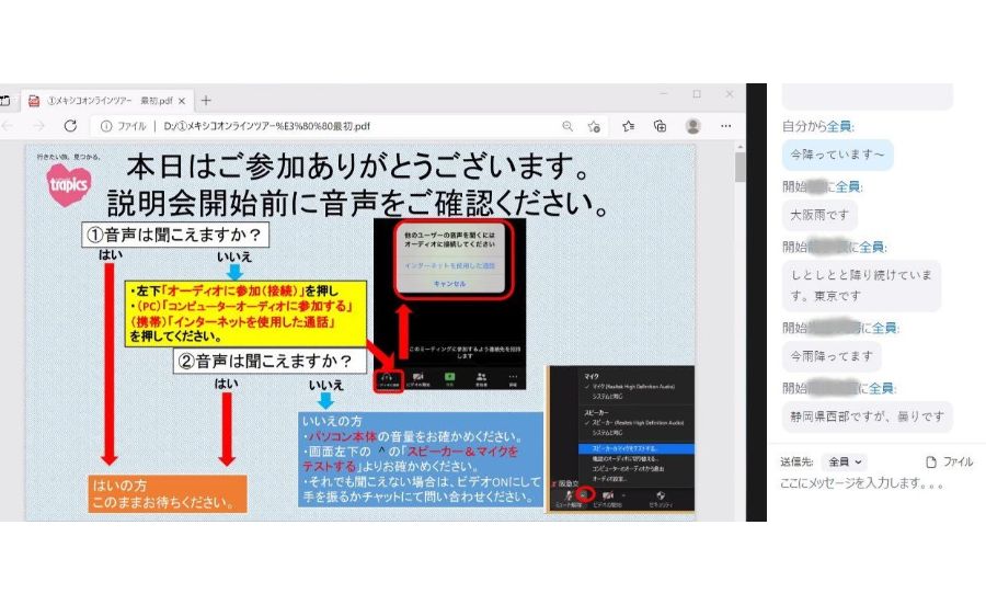オンラインツアーの音声確認画面