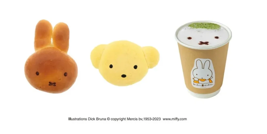 みっふぃー桜べーかりーのみっふぃーあんぱん、くまちゃんパン（プリンクリーム）、抹茶ラテ