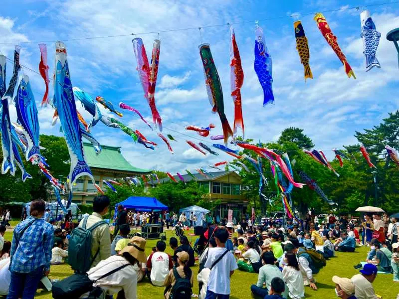 京都 KIDS万博で大空を泳ぐこいのぼりの様子