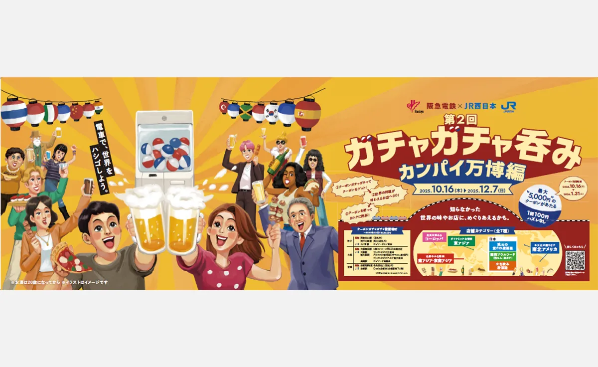 阪急とJR西日本の沿線の飲食店で利用できるクーポンが当たる「ガチャガチャ呑み カンパイ万博編」開催！