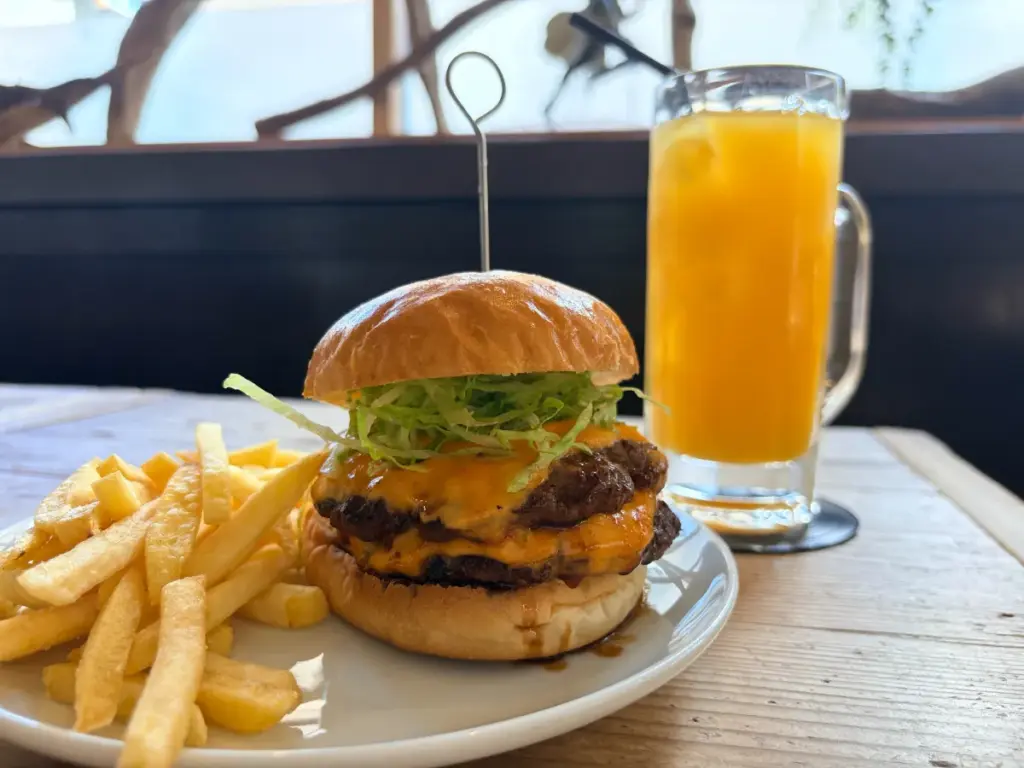 「DODONPA」のハンバーガーとオレンジジュース