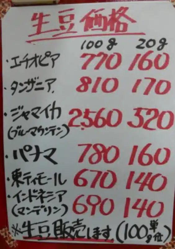 皆知珈琲の生豆の値段表