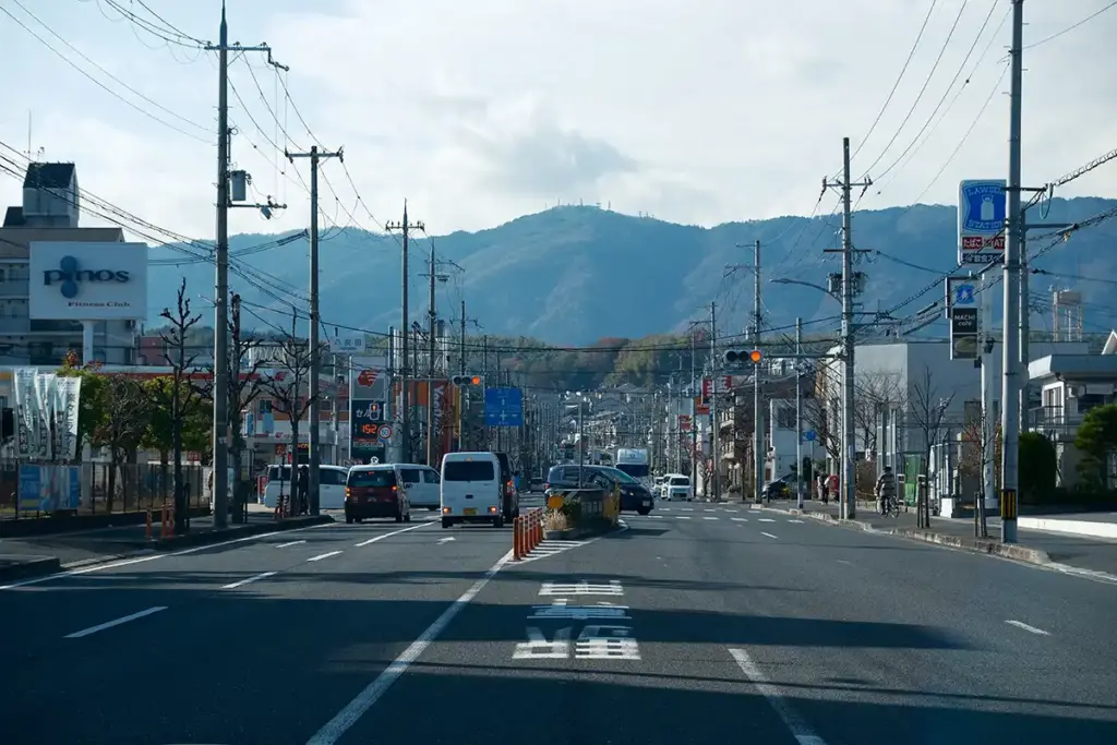 洛西口駅の西側に降りた時、街の向こうに広がる西山丘陵
