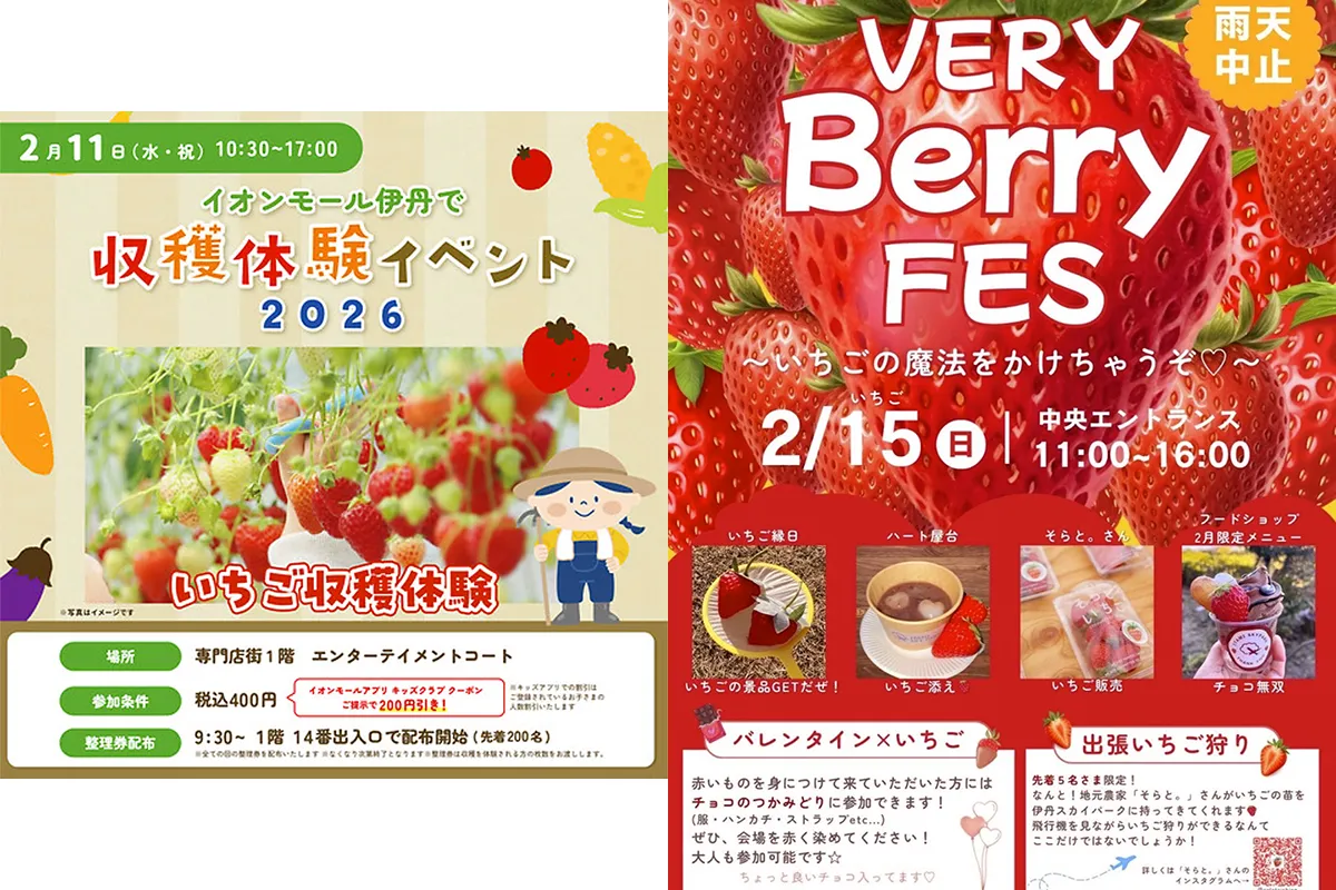 伊丹｜どちらにしますか？？イオンモールで『いちご収穫』2/11(祝)orスカイパークで『いちごフェス』2/15(日)