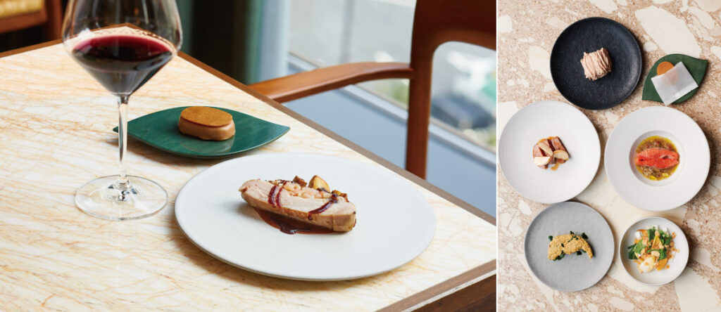 （写真右）メインは魚か肉のいずれかを選ぶ。
（写真左）L‘ASといえばまるでアイスクリームのように楽しむフォアグラのクリスピーサンドが有名。