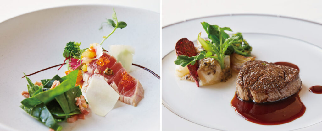 （写真左）赤と緑のコントラストが美しい鮪のミキュイほうれん草とベーコンのサラダ添え。
（写真右）ポルトガルで作られるワインの1種・マデラ酒のソースでいただく牛フィレ肉。