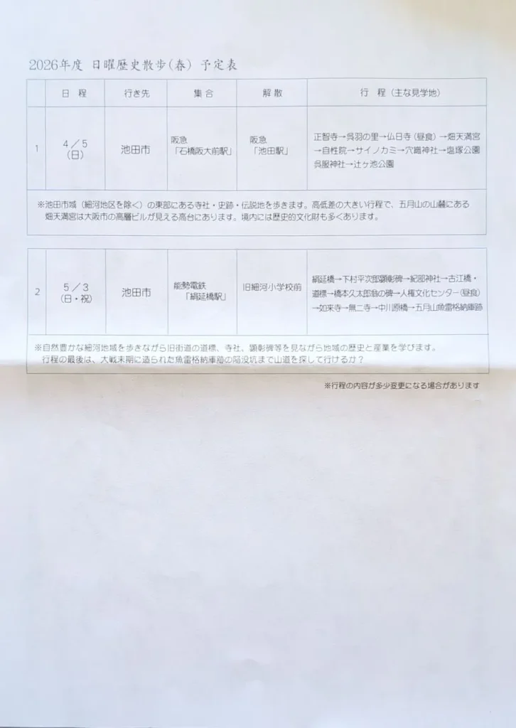 池田日曜歴史散歩の日程