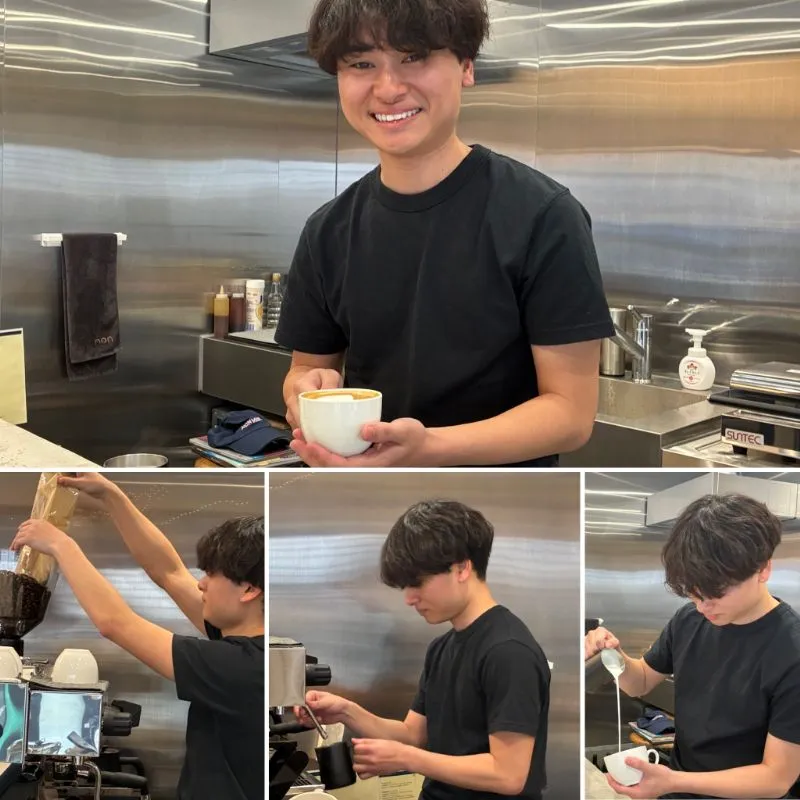 賢人さんがカフェラテをいれる様子