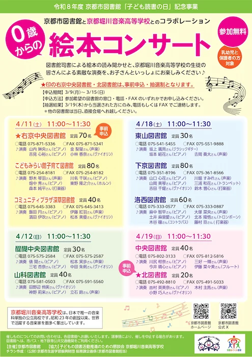 東山図書館 0歳からの絵本コンサート案内のチラシ