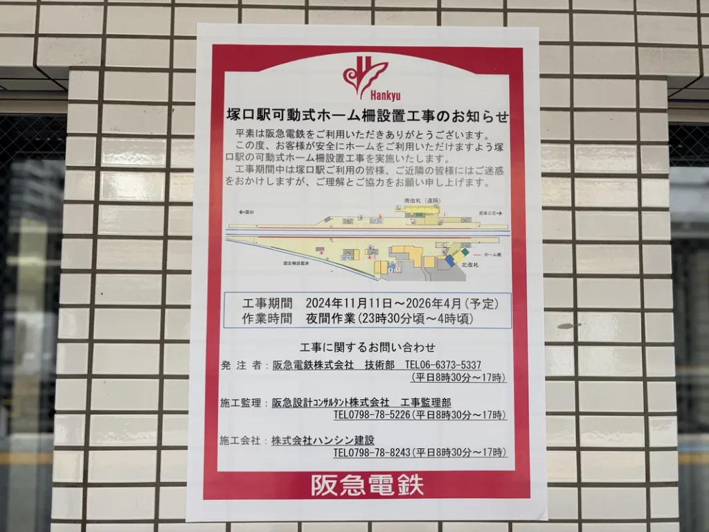 阪急塚口駅のホーム柵工事中