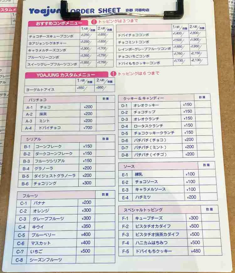 ヨアジョン京都河原町店のオーダー表
