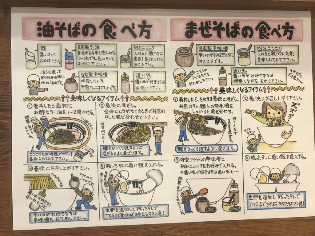 油そば・まぜそば ロマン　油そばの食べ方、まぜそばの食べ方